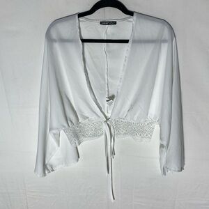 5/$25 SHEIN Semi Sheer White Tie Front Deep V Neck Blouse W Wide Sleeves L